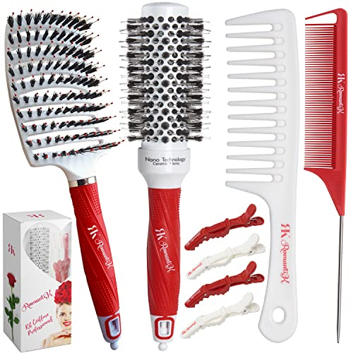 Brosses et Peignes à Cheveux Romanti-K® - Brosse Demelante Cheveux - Brosse Brushing - Peigne Cheveux Bouclé - Peigne Demelant - Pinces à Cheveux - Kit de Coiffure Professionnel