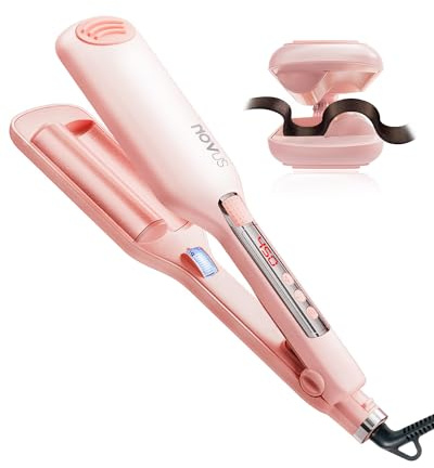NOVUS 1.1 Inch Beach Waves Curling Iron for Women - 2 Barrel Hair Crimper with Ionic Ceramic & Adjustable Heat, Anti-Scald Design for Long-Lasting Shiny Curls, Pink