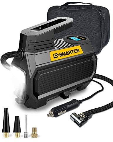 E-SMARTER Car Tyre Inflator Air Compressor, 12V/ 120W/ 150 PSI/ 10.5 Bar, Car Tyre Pump with Handle, 4 Valve Adaptors, LED Light, 2xFaster Car Pumps for Tyres of Car, Bike, Motorcycle, Ball, Mattress
