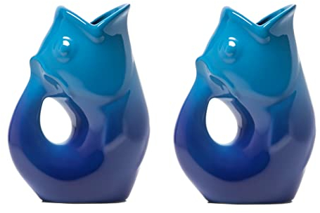 Gurgle Pot Fish Pitchers - 2 Pack, Ombre Cobalt or Gradient Blue. Great Party Pitcher. Alternatively use as Flower Vase (Ombre Cobalt)