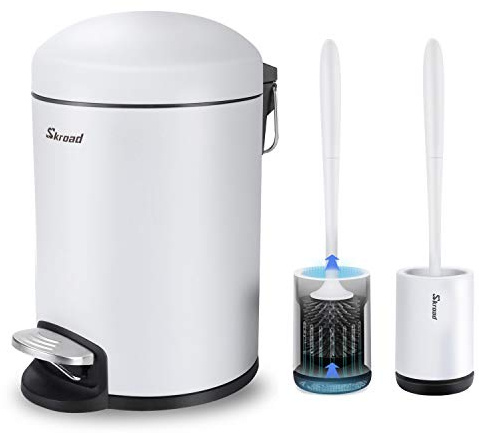 Skroad 5L Pedal Bathroom Bin with Toilet Brush Set, White Trash Can with No Noise, Easy to Clean and Replace Bag