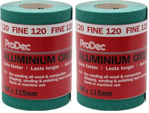 ProDec 5m Roll 120 Grit Fine Grade Green Aluminium Oxide Abrasive Sanding Paper for Sanding Wood, Paint, Plaster, Filler, Metal and More, 115mm Wide Sandpaper Compatible with Machine Sanders,Pack of 2