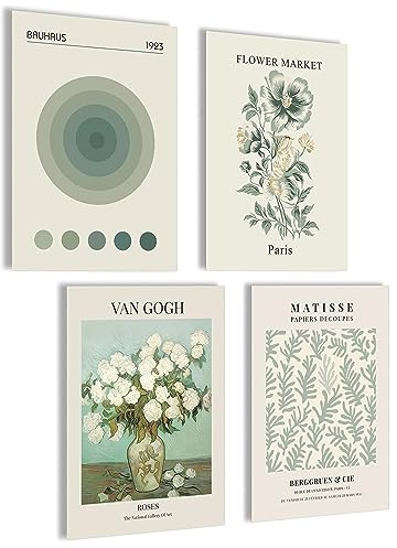 mojoliving Moderne Bilder Blumen Poster Set Bilder Grün Schlafzimmer | Matisse Poster Set | Flower Market Wanddeko grün | 4x A4 ohne Rahmen