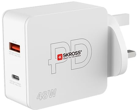 SKROSS - Multipower 2 Pro+ UK - PC Cargador, Tableta, Smarthone con Carga Rápida 48 W - Cargador con 2 Dispositivos USB (1 USB 18W y 1 USBC 48W) con Enchufe del Reino Unido