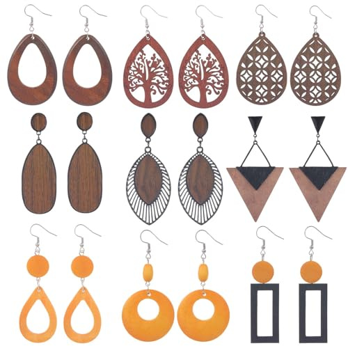 SUNNYCLUE 1 Box 9 Paar Holzohrringe Bohemian Ohrringe Aus Holz Afrikanische Ethno Ohrringe Leicht Naturholz Tropfen Charms Ohrring Baum Des Lebens Große Tropfen Charm Boho Ohrringe Für Baumelnde Fraue