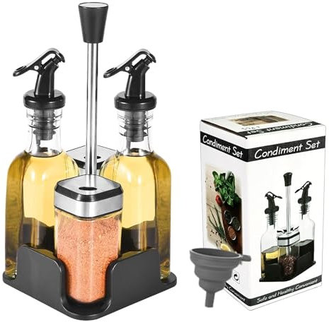 SIAZIH Set di olio per sale e pepe (set da 5 pezzi), 2 bottiglie per olio da 160 ml, 2 barattoli per spezie con tappo a vite in acciaio inox, 120 ml, olio e aceto, set di bottiglie di olio