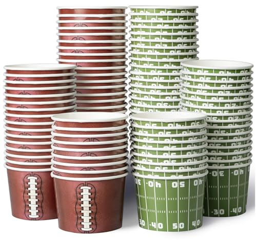 Paper Ice Cream Cups, 100-Count 9-Oz Disposable Dessert Bowls for Hot or Cold Food, 9-Ounce Football Party Supplies Treat Containers, 2 Designs