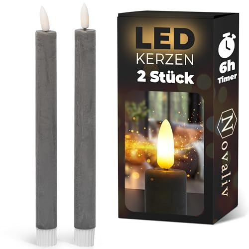 Novaliv Stabkerzen LED mit Timer GRAU 2er Indoor mit 6 Stunden Timer - ECHTWACHS 23cm Höhe für Kerzen 2,2cm Durchmesser 2 AAA Batterien notwendig LED Stabkerzen flackernde Flamme bewegliche Flamme