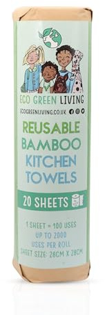 Eco Green Living Reusable Bamboo Kitchen Towels, Washable, Sustainable Paper Towel Alternative, Super Absorbent, Plastic-Free Packaging, Up to 100 Uses Per Sheet, 3 Rolls x 20 Sheets