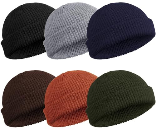 SATINIOR 6 Pieces Trawler Beanie Watch Hat Roll up Edge Skullcap Fisherman Beanie Unisex (Black, Light Gray, Navy Blue, Dark Caramel, Coffee, Military Green)