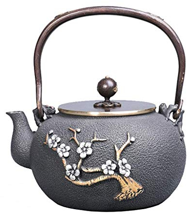 QUSYZD Hervidor de Hierro Fundido Tetera de Hierro Fundido de 1,2 L Universal para Estufa Estilo japonés Patrón de Ciruela Juego de té Mango de Cobre/Tapa Hecha a Mano,，