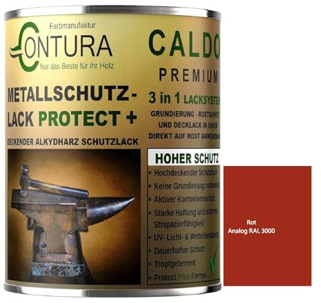 Contura 3in1 Rostschutzfarbe Metallschutzlack Glänzend RAL Metall Lack Farbe Grundierung (RAL 3000 Rot, 500ml.)