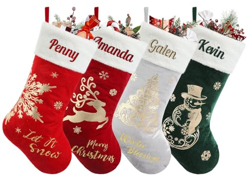NIBESSER Weihnachtsstrumpf Personalisiert mit Namen 4er Große Stickerei Nikolausstrumpf Personalisierten Weihnachtsstrümpfe Nikolausstiefel Kamin Weihnachtssocken Weihnachten hängende Taschen