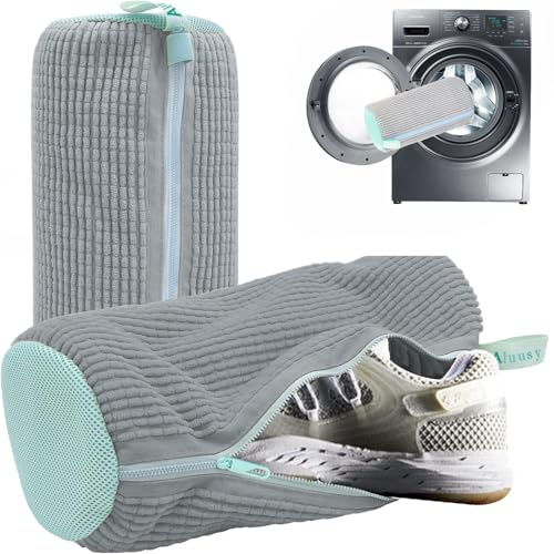 Aluusy Schuhwaschbeutel Waschmaschine 2 Stück Wäschesack Schuhe Groβ mit 360° Reinigung Flaum, Wiederverwendbarer Waschbeutel Schuhe Waschmaschine mit Reißverschluss für Sneaker (Grau)