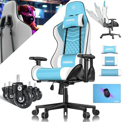 KESSER® Gamingstuhl Ergonomisch Gaming Stuhl Bürostuhl mit Kopfstütze & Lendenkissen | Racing Gamer Stuhl 150kg belastbar | Armlehne 360° | Drehbarer Schreibtischstuhl Gaming Chair + Gummi-Rollen