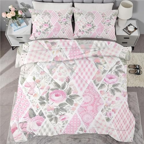 buyluhn Bettdecke 135x200 Patchwork-Blumen, 4 Jahreszeiten Bettdecken Rosa Ohne Bezug Nutzbar, Kinder Steppdecke Microfaser Ganzjahresdecke，Waschbar Bettzeug mit 1 Kissenbezug für Sommer Winter