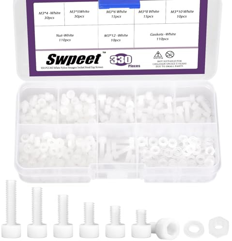 Swpeet 330Pcs M3 6 Sizes White Nylon Hexagon Socket Screw Nuts with Washers Assortment Kit，Plastic Hex Socket Head Cap Screws Bolts Nuts, Full Thread Hex Knurled Plastic Bolt, Length 4/5/6/8/10/12mm