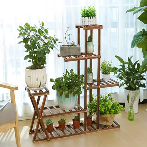 Lidzopas Escalera de madera para plantas, estantería para plantas, balcón, escalera de flores, banco de flores de madera, banco de flores de varios niveles para salón, césped, terraza, 95 x 95 x 25 cm