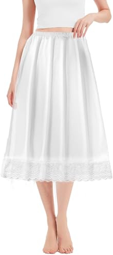 SENLINLIN Women's Satin Half Slips, Lace Long Underskirt, Soft Elastic Waist Long Skirt Petticoat, White Lace Waist Slips for Under Dresses, Ladies Underdress