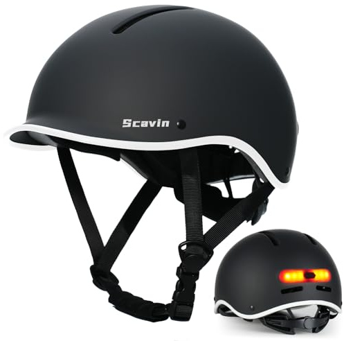 Scavin Bike Helmet for Adult: Bicyle Helmet with EPS Foam Interior for Men & Women, Adjustable Cycling Helmet with LED Light Safety Certified for Commuting (Matte Black, M(21.3-22.8in))