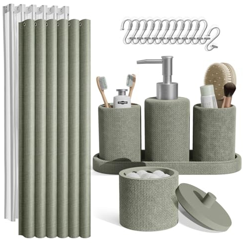 Clara Clark Sage Green Bathroom Set - Bathroom Accessories Set, 19PC Bathroom Accessory Set, Bathroom Sets with Shower Curtain Set, Soap Dispenser & Toothbrush Holder