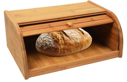CHZIMADE Bamboo Bread Bin Wooden Kitchen Storage Bin Bread Box Container with Roll Top Lid Breadbin