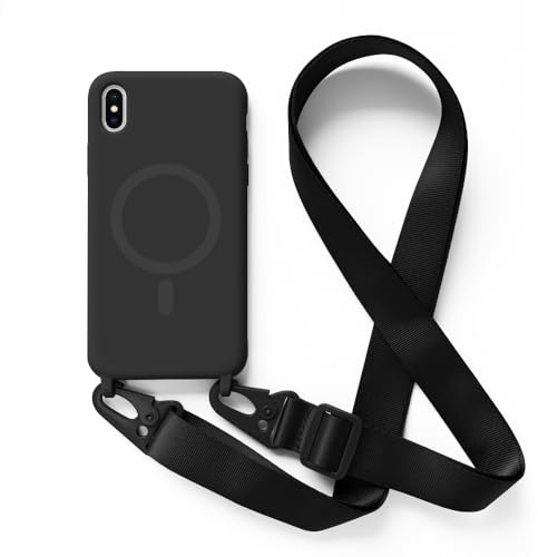 Leather Armor Handykette Hülle für iPhone X/XS mit Band Halsband Lanyard (abnehmbar) Handyhülle, Verstellbarer Lanyard.Magnetisch Stoßfest Silikonhülle Wireless Charging kompatibel .-Schwarz