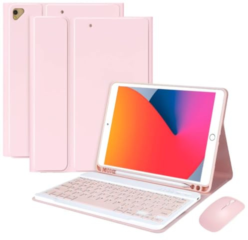 iXTRA Funda de teclado para iPad de 10.2 pulgadas de 9ª/8ª/7ª generación, iPad Air de 3ª generación 2019, iPad Pro de 10.5 pulgadas 2017, funda de piel con teclado desmontable, mouse Bluetooth