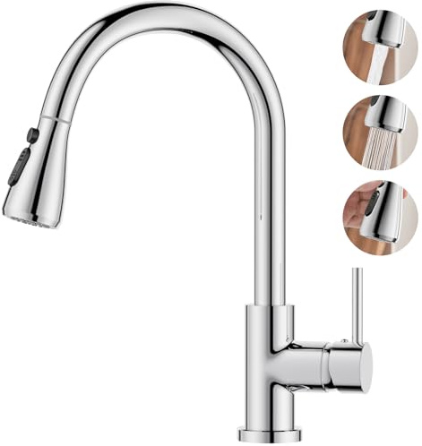 BESy Kitchen Mixer Tap Pull Out Sprayer, Stainless Steel Sink Tap, Chrome | 3 Mode Pull Down Sprayer, High Arc Single Handle Kitchen Faucet, 360° Swivel Spout, Hot Cold Water Tap, Rust Resistant