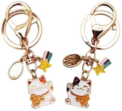 LiJuanWang Porte-clés en Forme de Chat Porte-Bonheur,2 pièces Porte Bonheur Maneki Neko Porte-clés Chat Mignon,pour Femme Filles Sac Portefeuille Clé Voiture Charms(Style aléatoire)