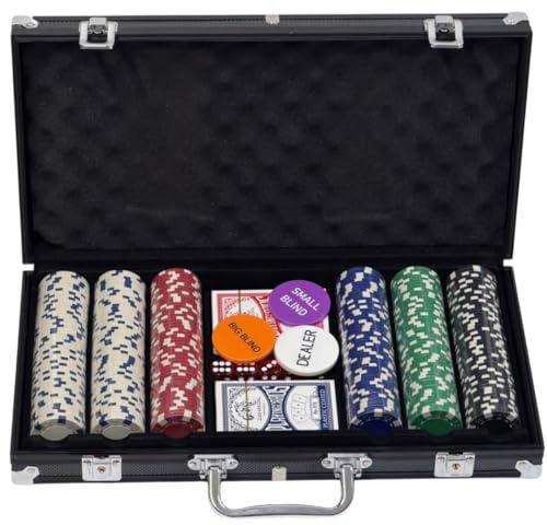 Trendi 'Black Edition' 300 Piece Texas Holdem Poker Chip Set with Aluminium Case – Casino Grade Chips, Blackjack Mat, Playing Cards & Dealer Buttons – Ultimate Poker Night Kit for Home Games