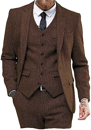 Mens Tweed Herringbone Wedding Suit Prom Tuxedos 3 Piece Peak Lapel Dress(Brown,XL)