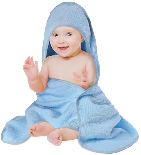 Aolso Babyhandduk med huva, babyhanddukar i 100 % muslinbomull, 80 x 80 cm mjuk och absorberande stor badhandduk för småbarn för nyfödda och spädbarn-muslin-blå
