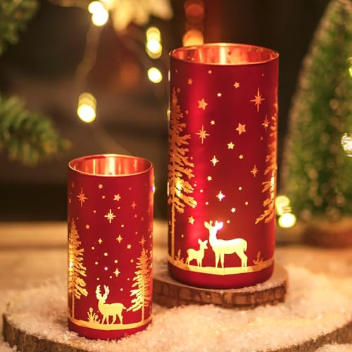 Hewory 2er Set Teelichthalter Rot für Weihnachtsdeko Hirsch Windlicht Glas | Matte Finish, Gold-Innen, Hirsch Kerzenhalter für Weihnachten Deko Wohnzimmer Geschenkidee, Ø 6.5 & 8.5 cm, H.13 & 18 cm