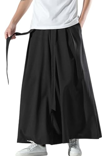 Pantaloni da uomo elasticizzati, pantaloni larghi, stile cinese, in seta di ghiaccio, uniforme, per il tempo libero, etnico, Hakama Kung Fu Pantaloni con orlo largo Wushu, Nero , 4XL