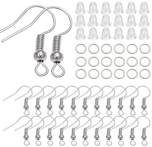 300 Stück Ohrringe Selber Machen Set,Hypoallergene Ohrhaken,Ohrring Haken | Ohrringe Basteln Set,mit Durchsichtigen Gummi Ohrstopper Und Spule Ohrringhaken für Diy Ohrhänger Schmuckherstellung(Silber)