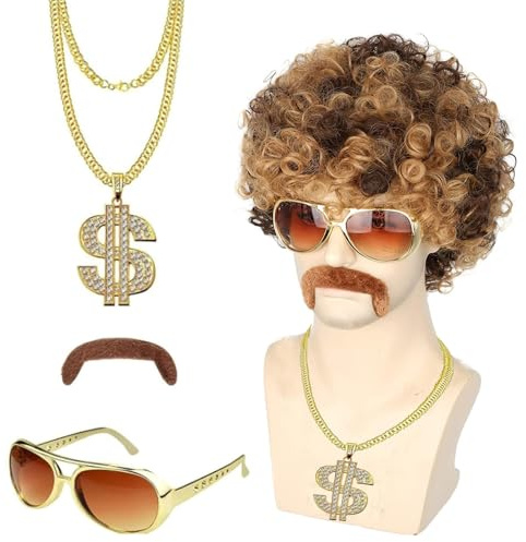 80er Jahre Outfit Herren Perücken, 4 Stück Vokuhila Perücke Set, Wig Sonnenbrille Halskette Schnurrbart, für Halloween Fasching Karneval Thema 70er 80er Kostüm Party （A）