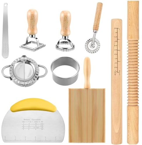 10 PCS Pasta Making Tools Set - Gnocchi Board, Grooved & Plain Rolling Pin, Filling Spoon, Dough Scraper, Wonton Moulds, Pastry Wheel, Dumpling Press & Mould, Home Pasta Maker Kit Accessories