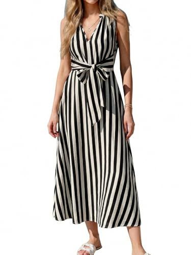 CUPSHE Damen Sommerkleid Gestreift Split Ärmellos Bindegürtel Maxikleid | Elegantes Sommer Maxikleid mit Wickeloptik, fließendem Stoff und figurfreundlicher A-Linie.