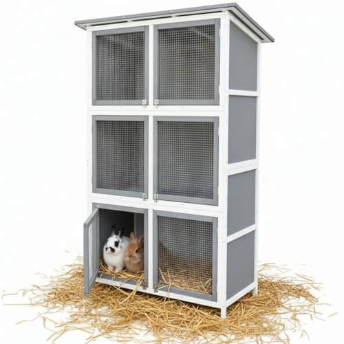Mucola Kaninchenstall XXL mit 6 Boxen – Hasenstall aus Holz Grau/Weiß, Aufzuchtstall für Jungtiere, engmaschiges Gitter, wetterfest, für Kaninchen & Kleintiere
