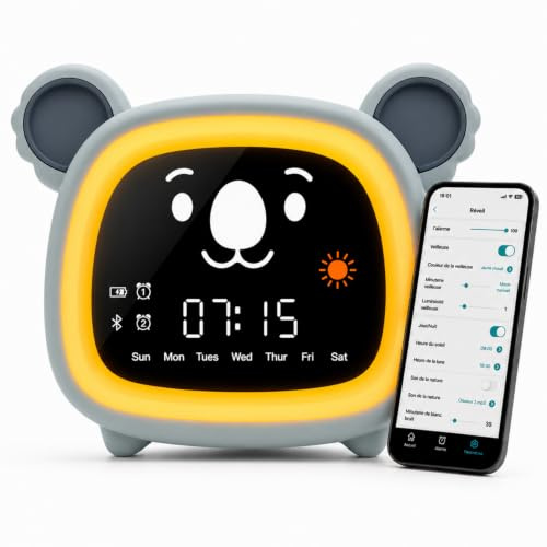 OCTAV - Lernwecker für Kinder mit Gesicht Tag / Nacht – Bluetooth – Musik & natürlicher Klang – wiederaufladbares LED-Nachtlicht – Mobile App – Lernen des Schlafs mit Sonne/Mond