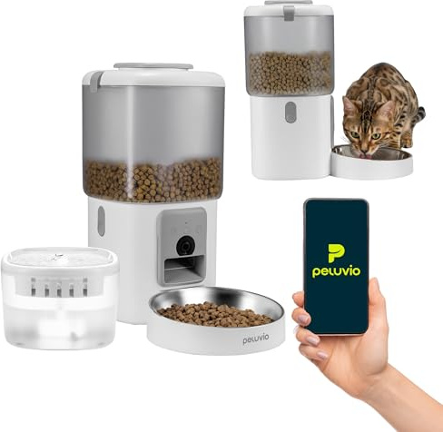 PELUVIO Feast – Distributeur Automatique de Nourriture pour Chats avec Wi-FI, Application Mobile, Batterie de Secours, capacité de 4,5 l, Fontaine à Eau pour Chiens de 2,5 l et Double Filtration