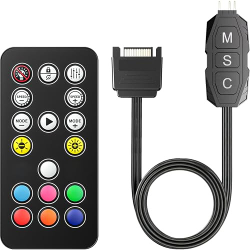 GSCOLER Mini ARGB Controller, 5V 3-Pin RGB Fan Hub with 17-Key Remote, SATA Powered Independent PC Lighting Splitter for Computer Case Fan, LED Strip and GPU Support, 500mm Cable