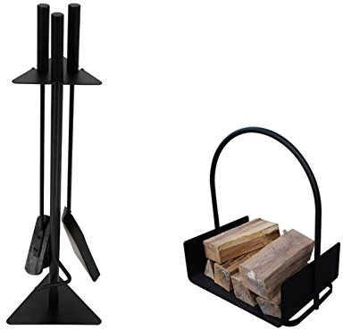 Toolland Kamin Set mit robustem Holzkorb und Kaminbesteck (Besen, Schaufel, Schürhaken)