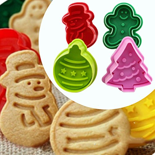 Itian 4 Piezas Moldes de Galletas, Navidad Cortadores de Galleta, Molde de Galletas para Niños, Juego de Galletas Cortadores con Expulsor para Cookie, Fondant, Galletas Navideñas (Color Aleatorio)