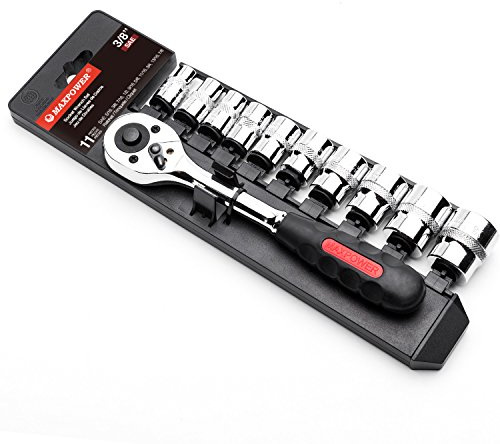 MAXPOWER 11-Piece 3/8 Ratcheting Socket Wrench Set Quick Release Reversible Ratchet Handle and Swappable Spanners Imperial Inch Sockets with Hanging Rack