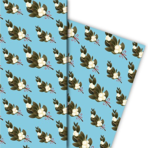 Kartenkaufrausch Elegantes florales Weihnachtspapier, Geschenkpapier Set zu Weihnachten mit Misteln, hellblau, als edle Geschenk Verpackung, Designpapier, scrapbooking, 4 Bogen, 32 x 48cm