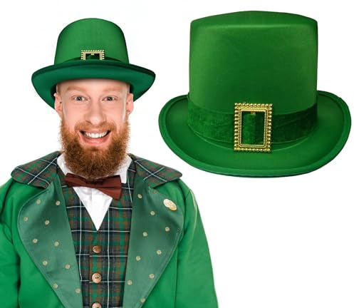 Nicky Bigs Novelties Morph Green Top Hat with Gold Buckle - St. Patricks Day Accessories for Leprechaun Costume Party Wear - Ridler Cosplay, Shamrock Top Hat, Irish Holiday Festive Wear