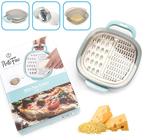PortoFino Mini Box Rivjärn – parmesanost, citron, vitlök, ingefära, choklad | Grovt och fint rivjärn i rostfritt stål | Matförvaringsbehållare och lock | Utrymmesbesparande design | Köksförberedningstillbehör