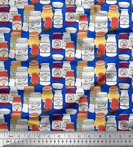 Soimoi Blue Heavy Canvas Fabric Peanut Butter & Jam Jar Kitchen Printed Fabric 1 metre 58 Inch Wide